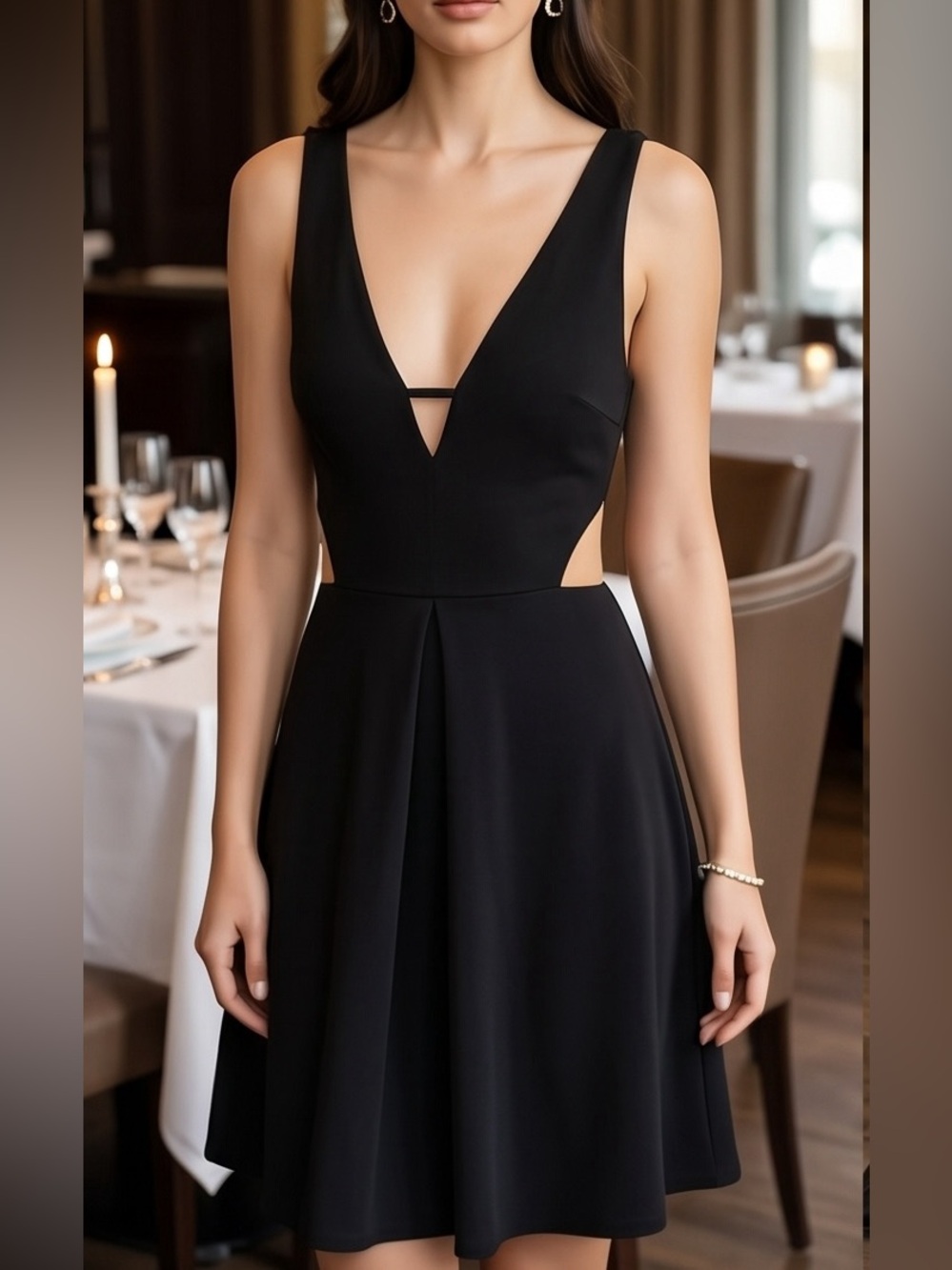 Sleeveless Black Deep V-Neck A-Line Dress